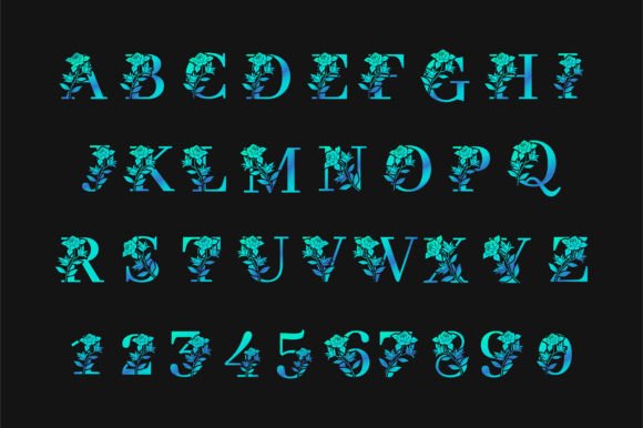 Blue Metal Gradient Floral Alphabet ABC Graphics