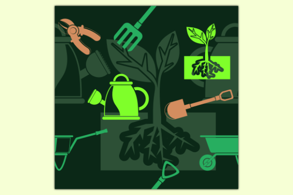 Gardening Icons Dark Seamless Pattern: Graphics & Patterns
