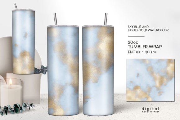 Tumbler Sublimation Sky Blue Gold Graphics
